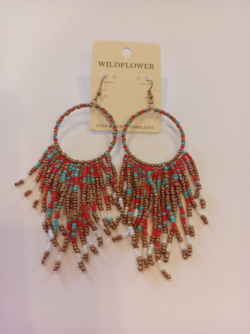 Wildflowers Beaded Fringe Hoop Earrings - Turquoise, Coral & Gold